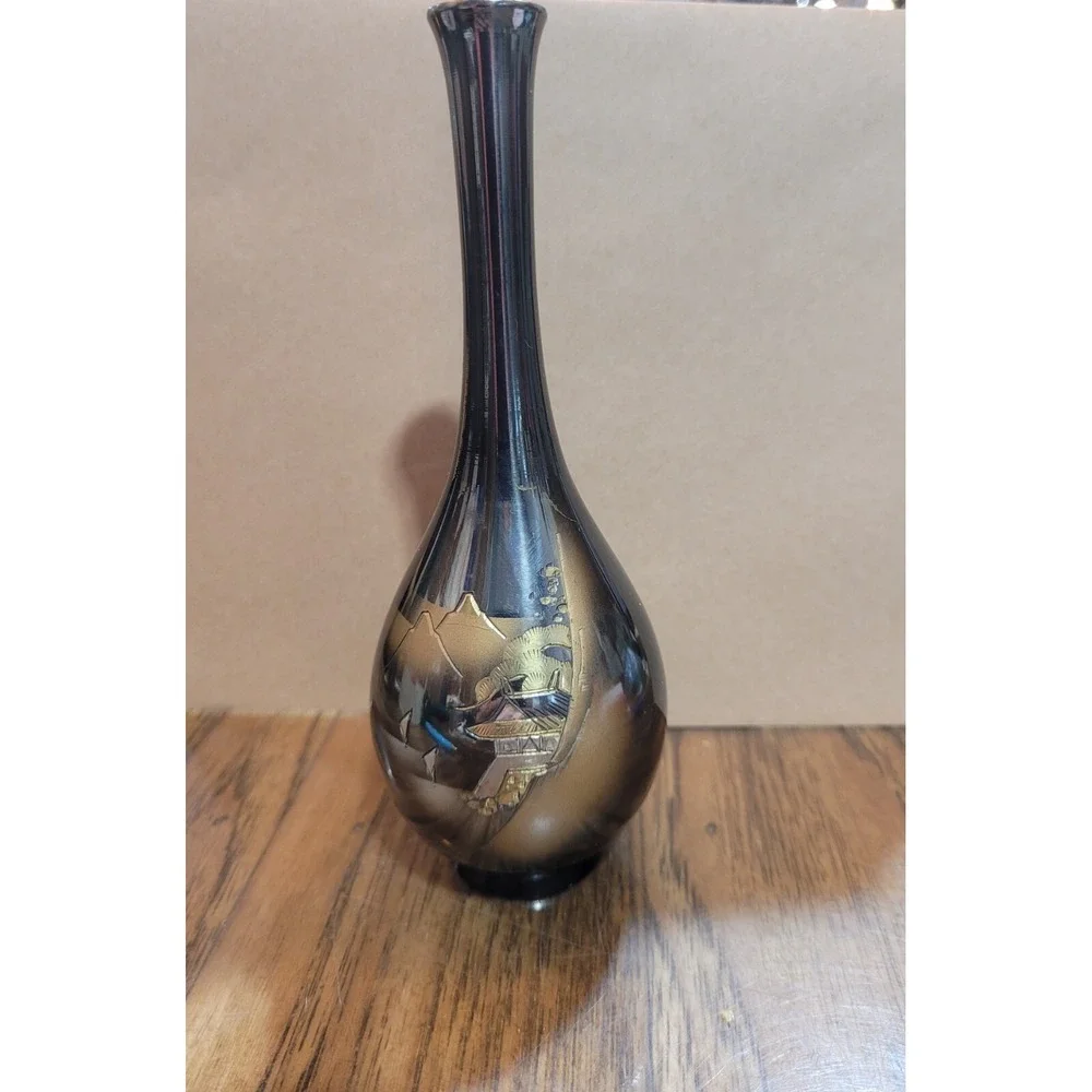Vintage Metal Bud Vase with Mountain Design Etetched Fine Arts Japan